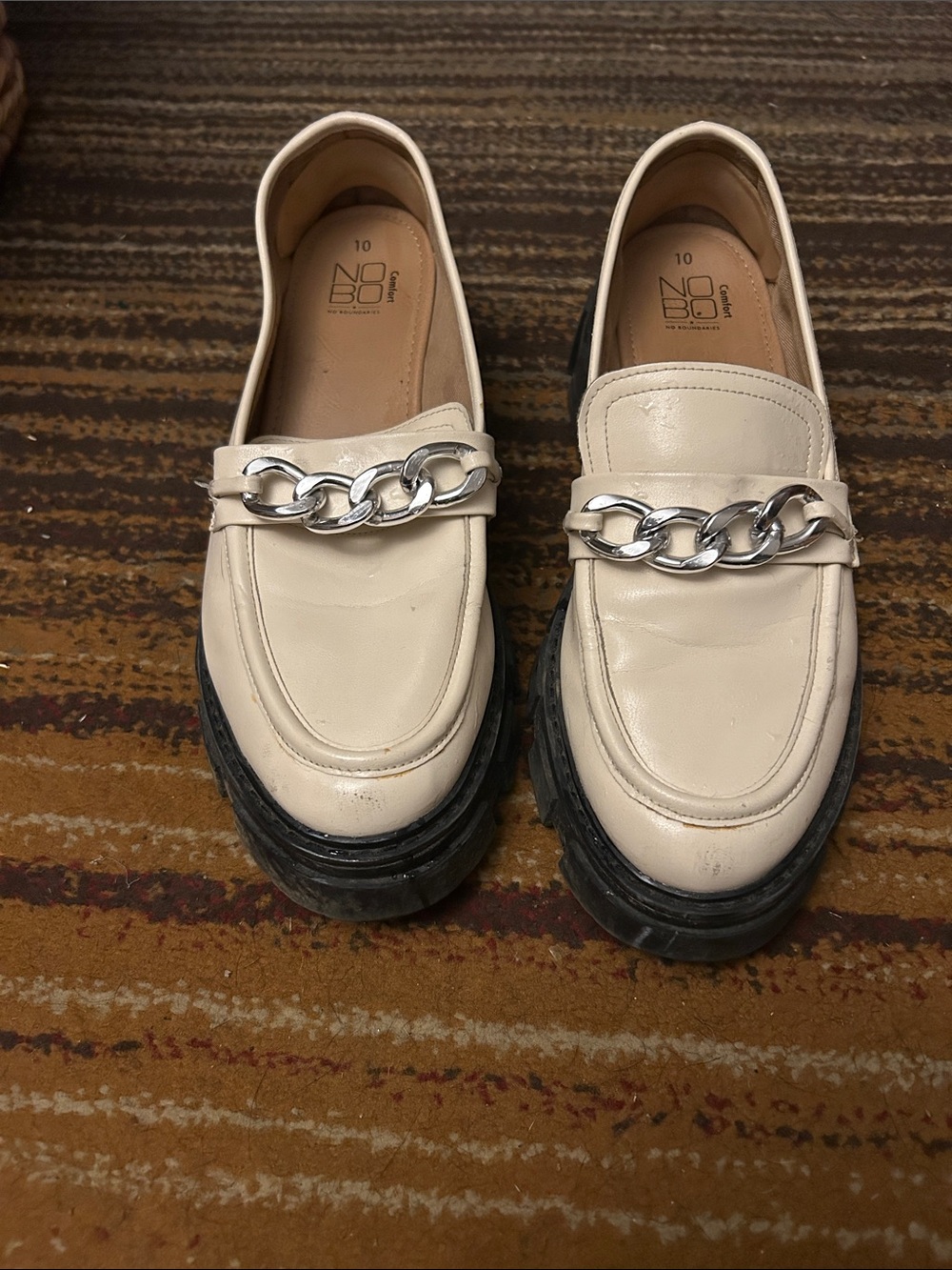No Boundaries Cream Loafers with Silver Chain Trim